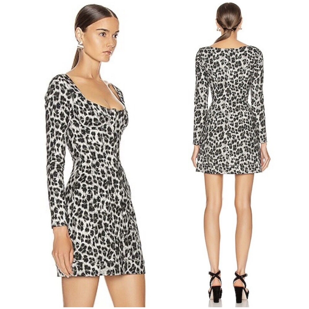 Miaou Leopard Print Denim Dress Sweetheart Bustier Zip-up Dress Black Gray L